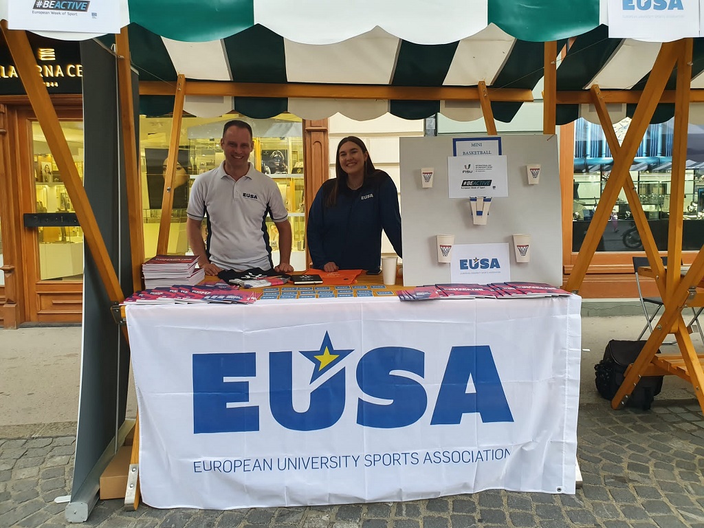 Mr Andrej Pisl and Ms Aleksandra Andreeva on EUSA stand at the LUPA festival 