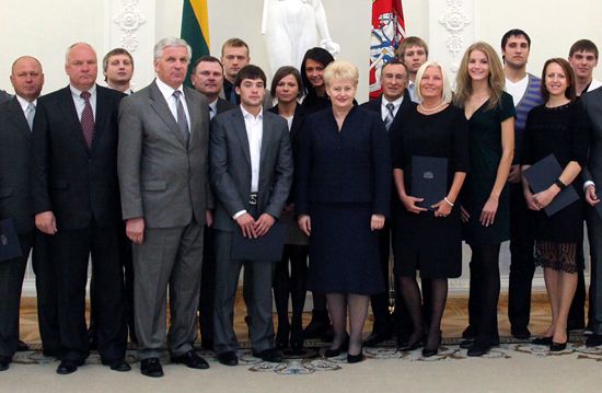 Mr Garbaliauskas, LSSA President with Mrs Grybauskaite, the President of the Lithuania, and athletes Mr Garbaliauskas, LSSA President with Mrs Grybauskaite, the President of the Lithuania, and athletes