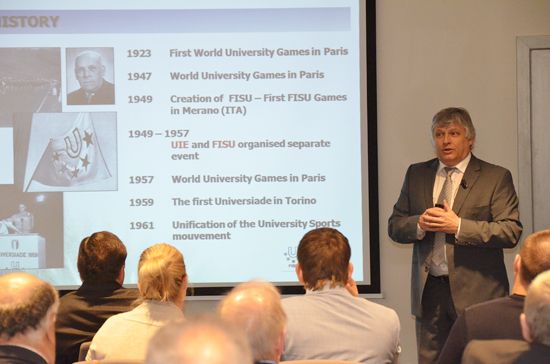 FISU Secretary General Mr Saintrond presenting the History of FISU FISU Secretary General Mr Saintrond presenting the History of FISU