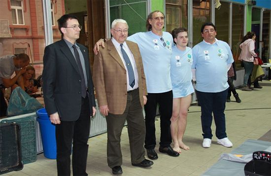 Mózes Székely (General Secretary, HUSF), Ádám Kiss (President, HUSF), Tamás Faragó (main patron), Máté Jancsó (University student, organizer), Béla Merkely (patron, organizer)