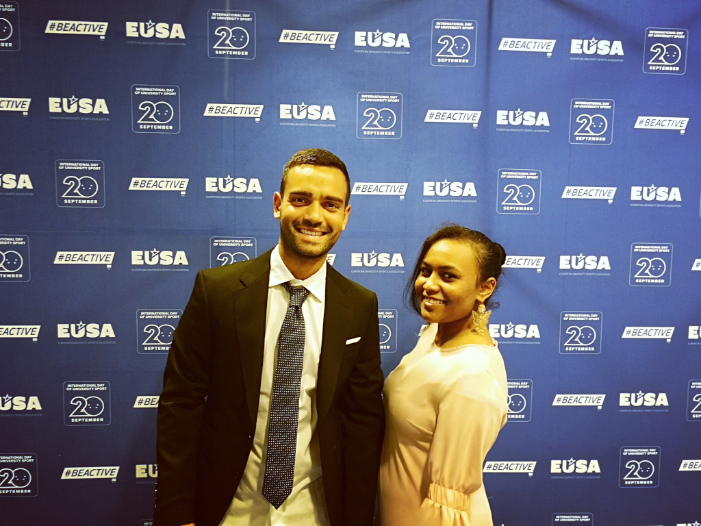 EUSA EVS volunteers Mariano and Jenaan celebrating the International Day of University Sport and the European Week of Sport