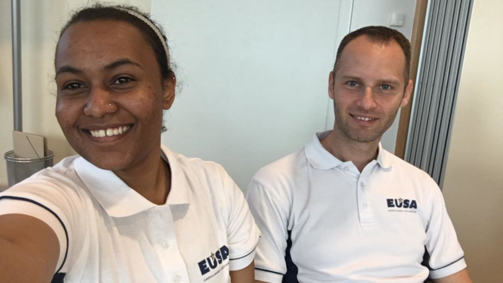 EUSA EVS volunteer Jenaan Al-Rahman Ahmed with Communications & Projects Manager Andrej Pisl