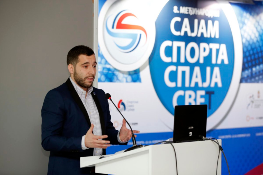 Mr Besim Aliti presenting at the Belgrade Sports Fair