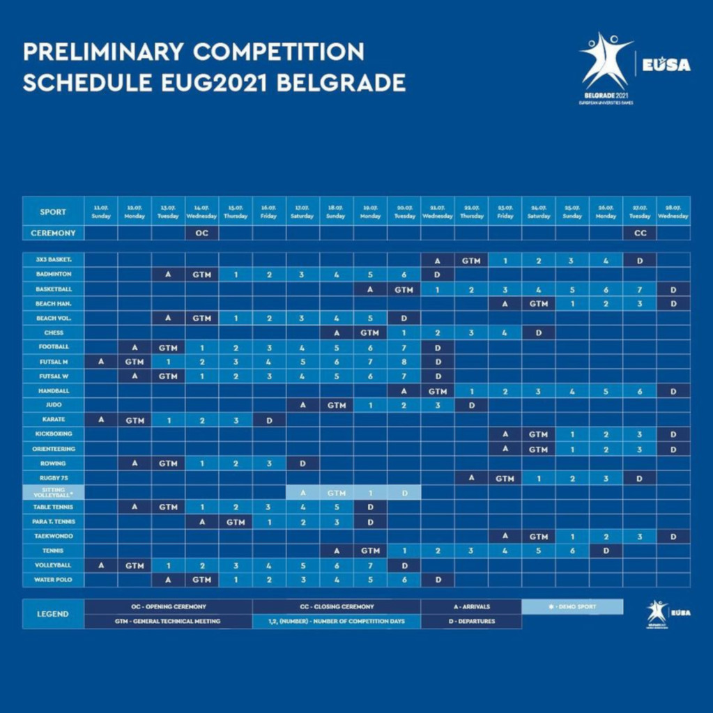 EUG2021 preliminary sports schedule
